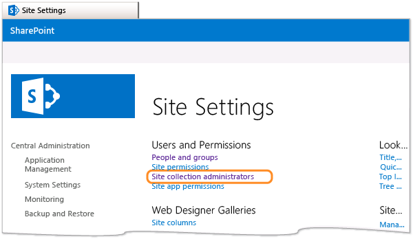 Abra os administradores de coleção de sites para 2013 PS