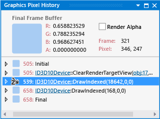 Janela de histórico de pixel mostrando relacionados chamadas de desenho