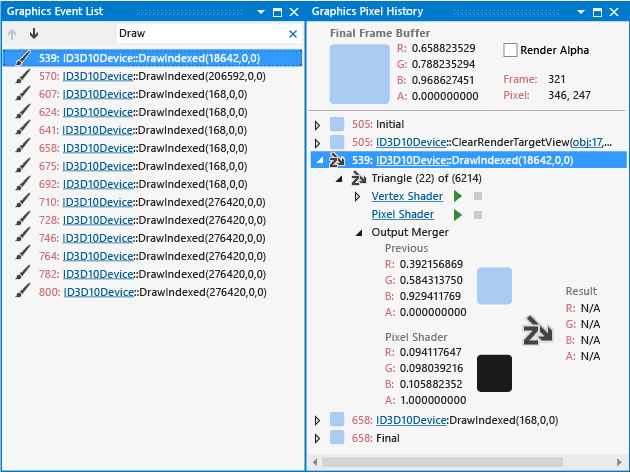 Janela de histórico de pixel mostrando informações de fragmento