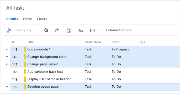 Selecione os itens de trabalho que você deseja modificar