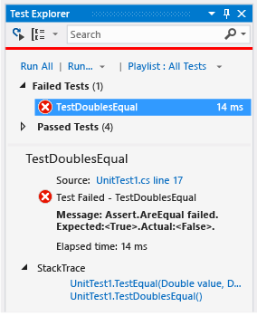 Teste de unidade Test Explorer mostrando falha igual