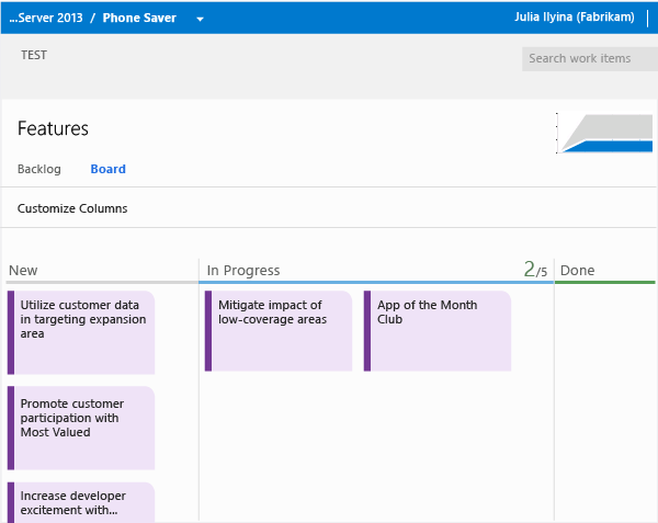 A lista de pendências de recursos tem seu próprio quadro Kanban