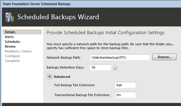 Especifique o caminho de rede para backups