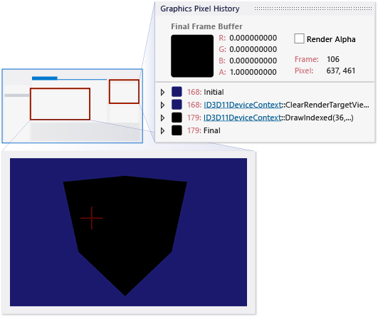 A seleção de um pixel exibe informações sobre seu histórico.