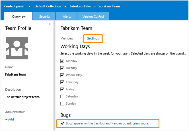 Página de configurações, rastrear bugs na lista de pendências da equipe