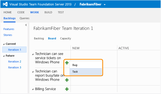 Painel de tarefas com o tipo de item de trabalho bug adicionado