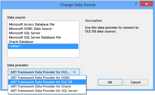 Alterar o provedor de dados para OLE DB