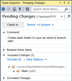 Fazer check-in a adição da pasta principal