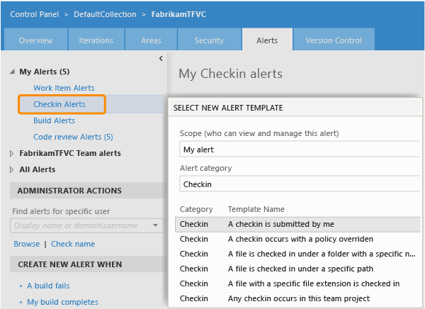 Página de alertas do projeto de equipe TFVC no portal da web