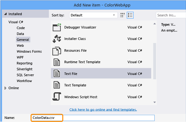 Nomeie o novo arquivo de texto ColorData.csv