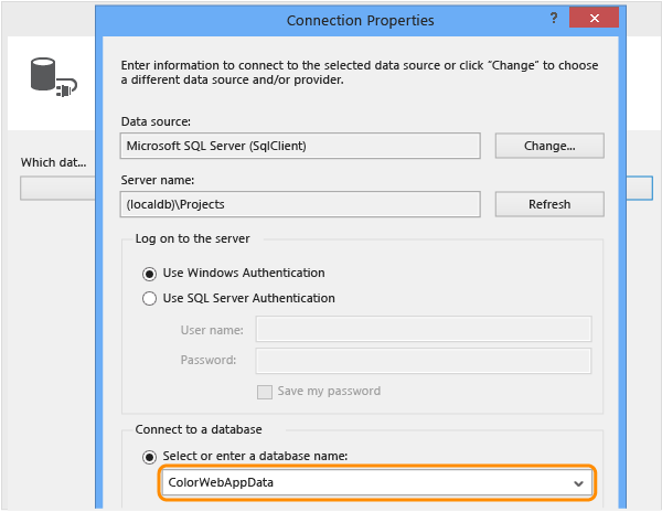 Insira as propriedades de conexão de banco de dados SQL