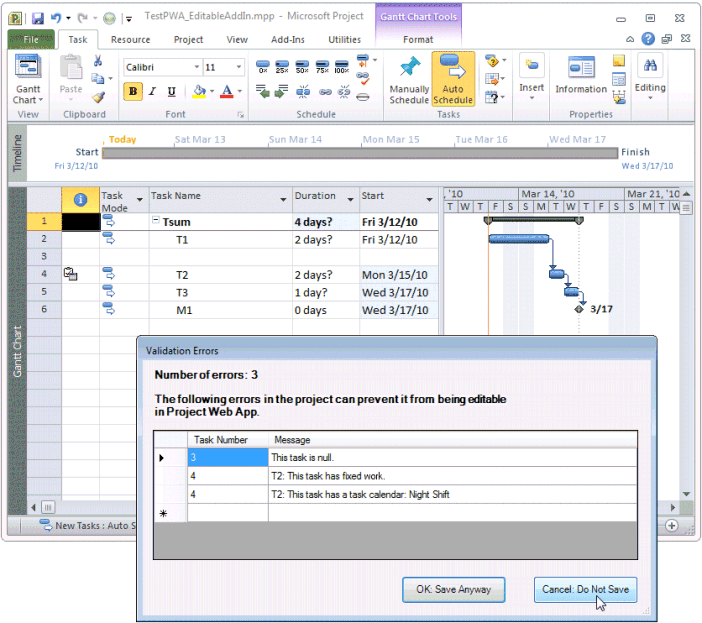 Dialog box showing errors for Project Web App