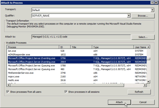 Attaching the debugger to the Eventing processes