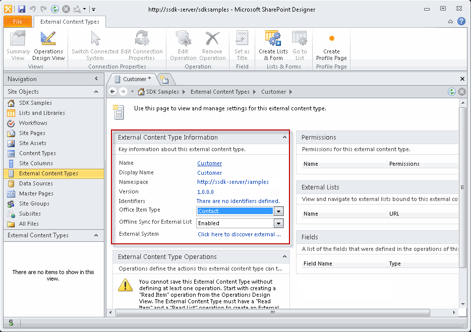 Customer external content type information