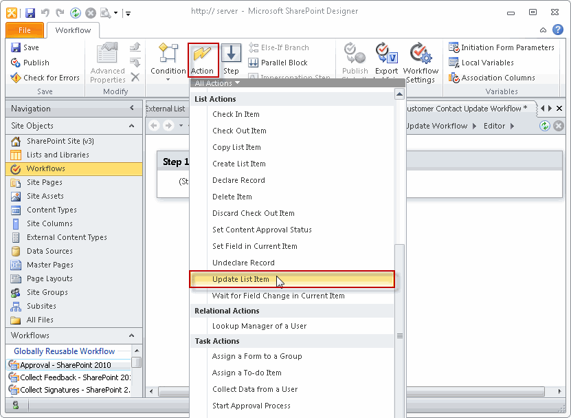 Inserting an Update List Item action