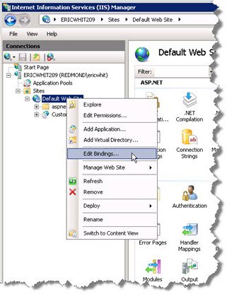 Edit the bindings for the default Web site