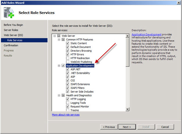 Select Application Development in Add Roles Wizard