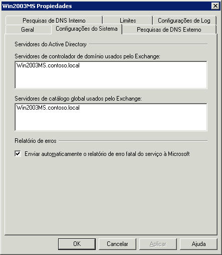 Captura de tela da guia Configurações do Sistema no SP1