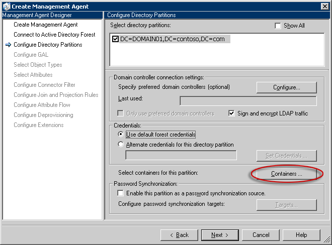 Página Configurar Partições de Diretório, botão Contêineres