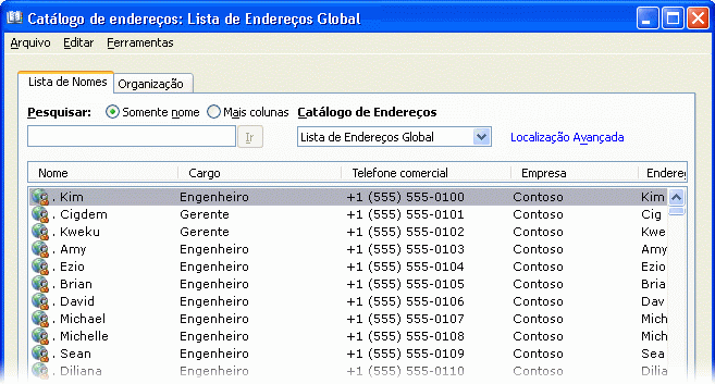 Listas de endereços exibidas no Outlook 2007