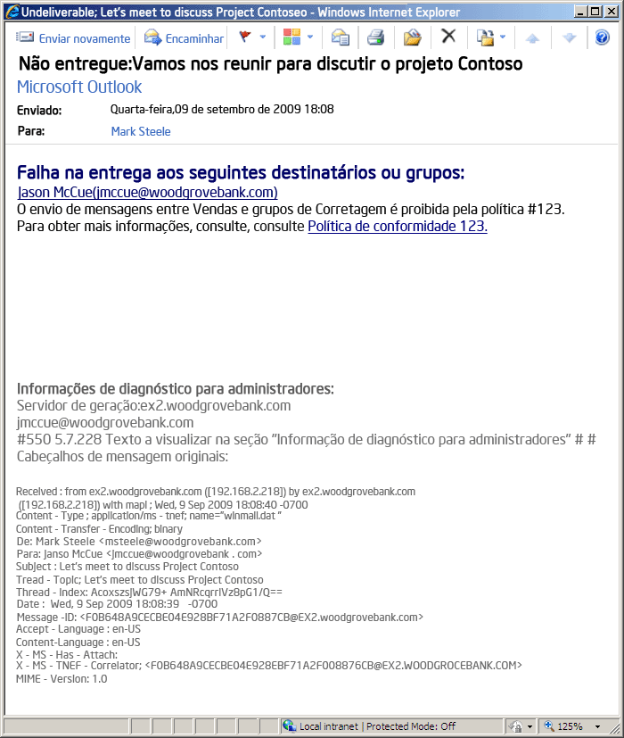 Notificação de falha na entrega gerada pela regra de transporte da parede ética