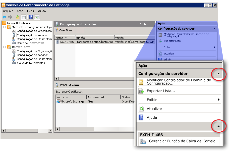 Console de Gerenciamento do Exchange exibindo o painel de Ações