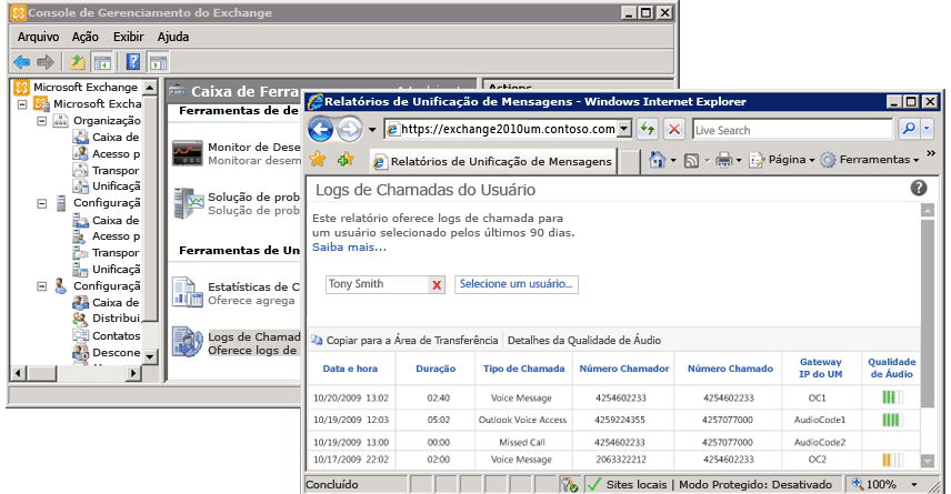 Relatório de logs de chamadas do usuário exibido no ECP