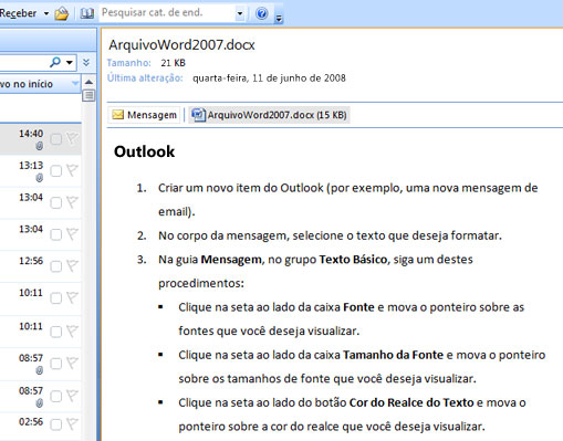 Anexo do Word visualizado no painel de leitura do Outlook