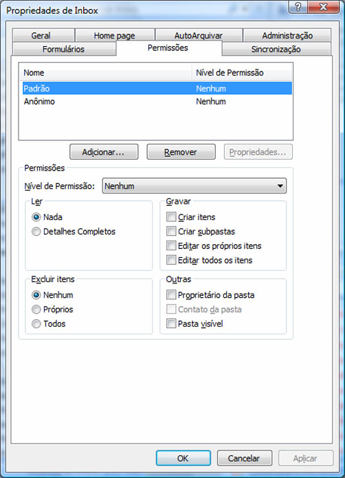 Guia Permissões em Propriedades da Caixa de Entrada