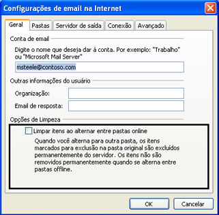 Opção Limpar de Configurações de Email da Internet