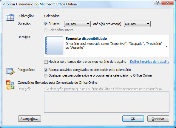Opções de publicação de calendário para Office Online