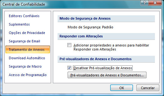 Configuração de visualização de anexo na Central de Confiabilidade