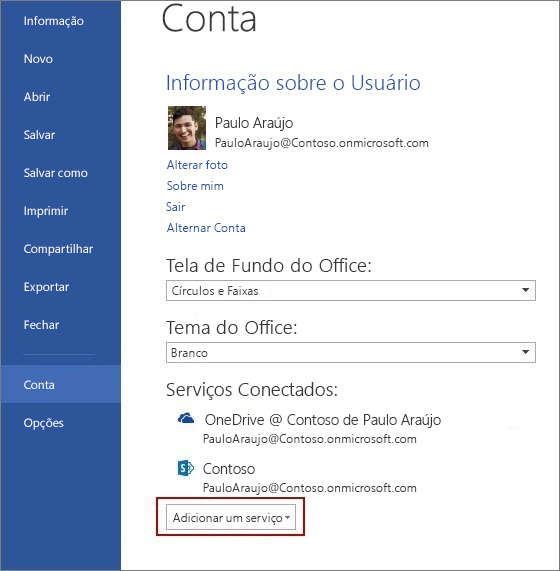 Configurações da conta do Office.