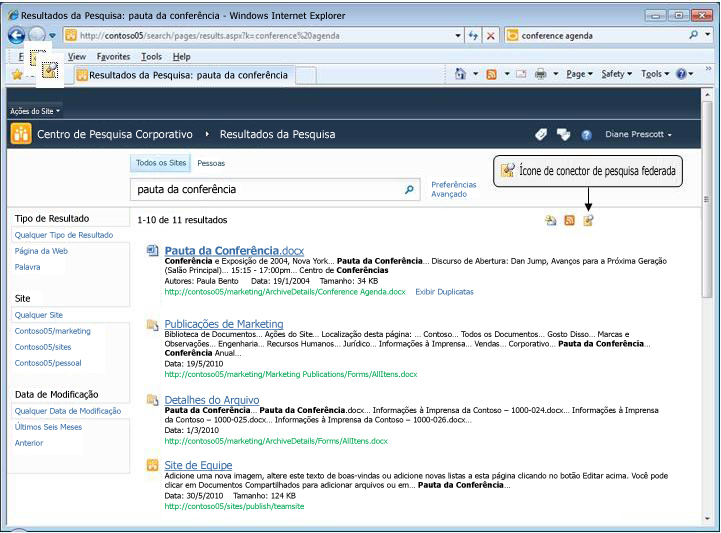Ícone de conector de pesquisa federada no site do SharePoint
