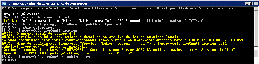 Aviso Importar configuração herdada do Windows PowerShell