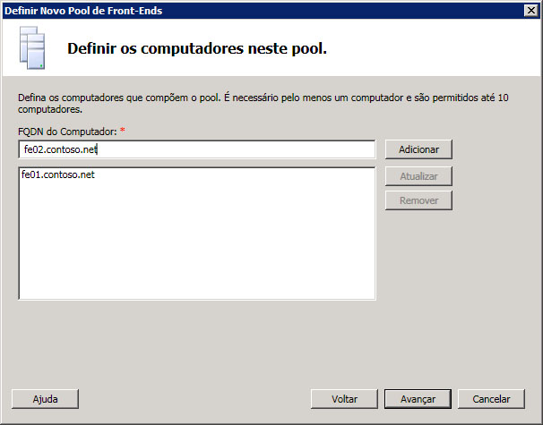 Defina os computadores em um pool de front-ends