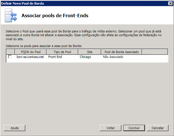 Caixa de diálogo Pools de front-end associados