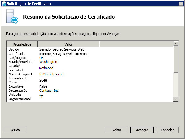 Página Resumo da solicitação de certificado