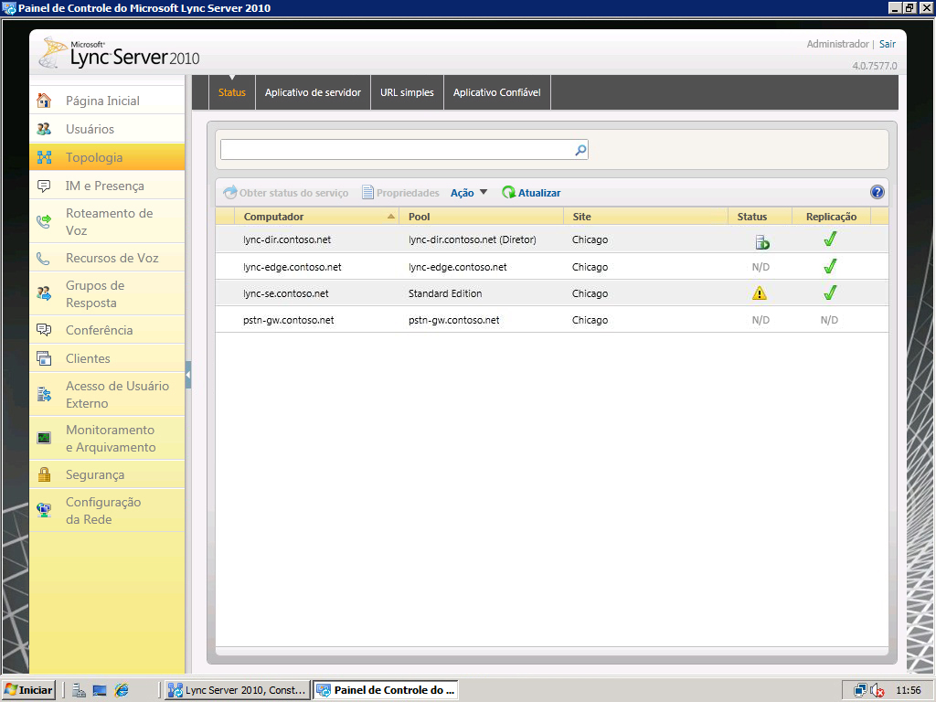 Página de Topologia do Painel de Controle do Lync Server