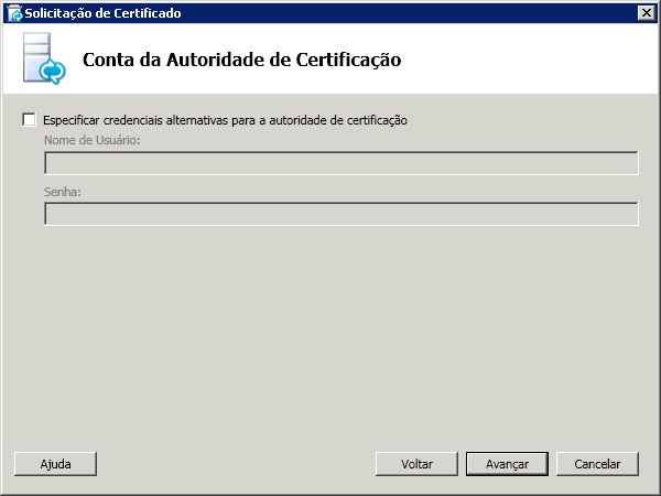 Caixa de diálogo da Conta da autoridade de certificação