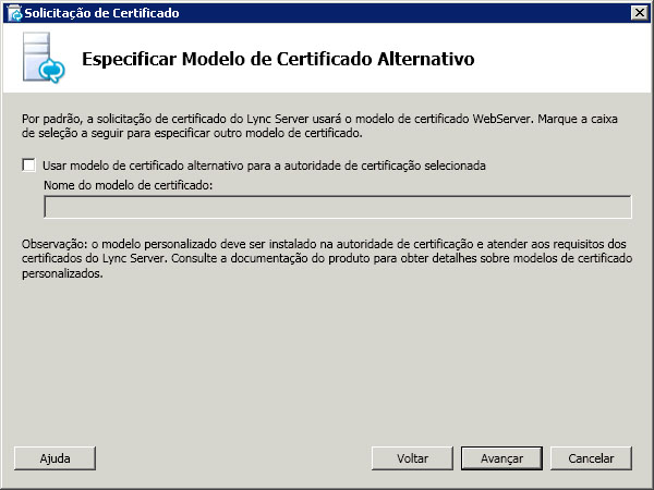 Caixa de diálogo Especificar modelo de certificado alternativo