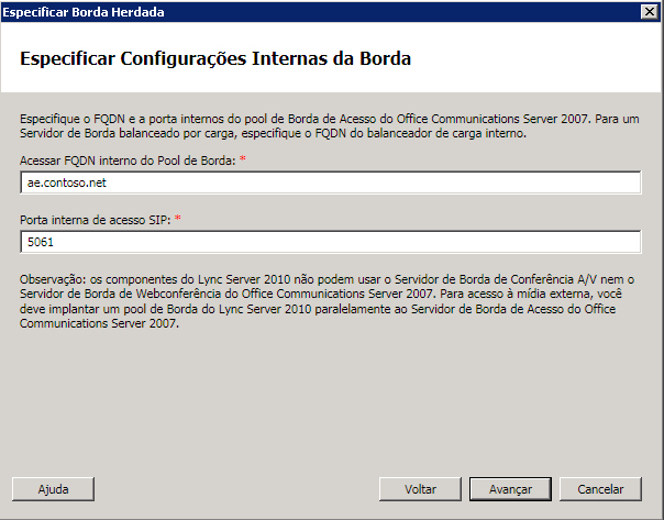 Caixa de diálogo Especificar configurações do servidor de borda interno