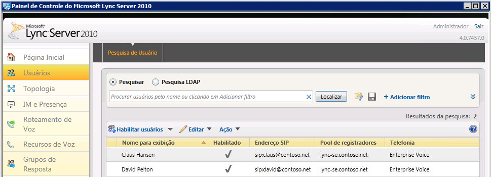 Painel de Controle do Lync Server Página de pesquisa dos usuários