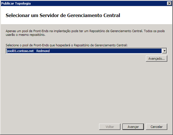 Selecionar servidor de gerenciamento central do Construtor de Topologia