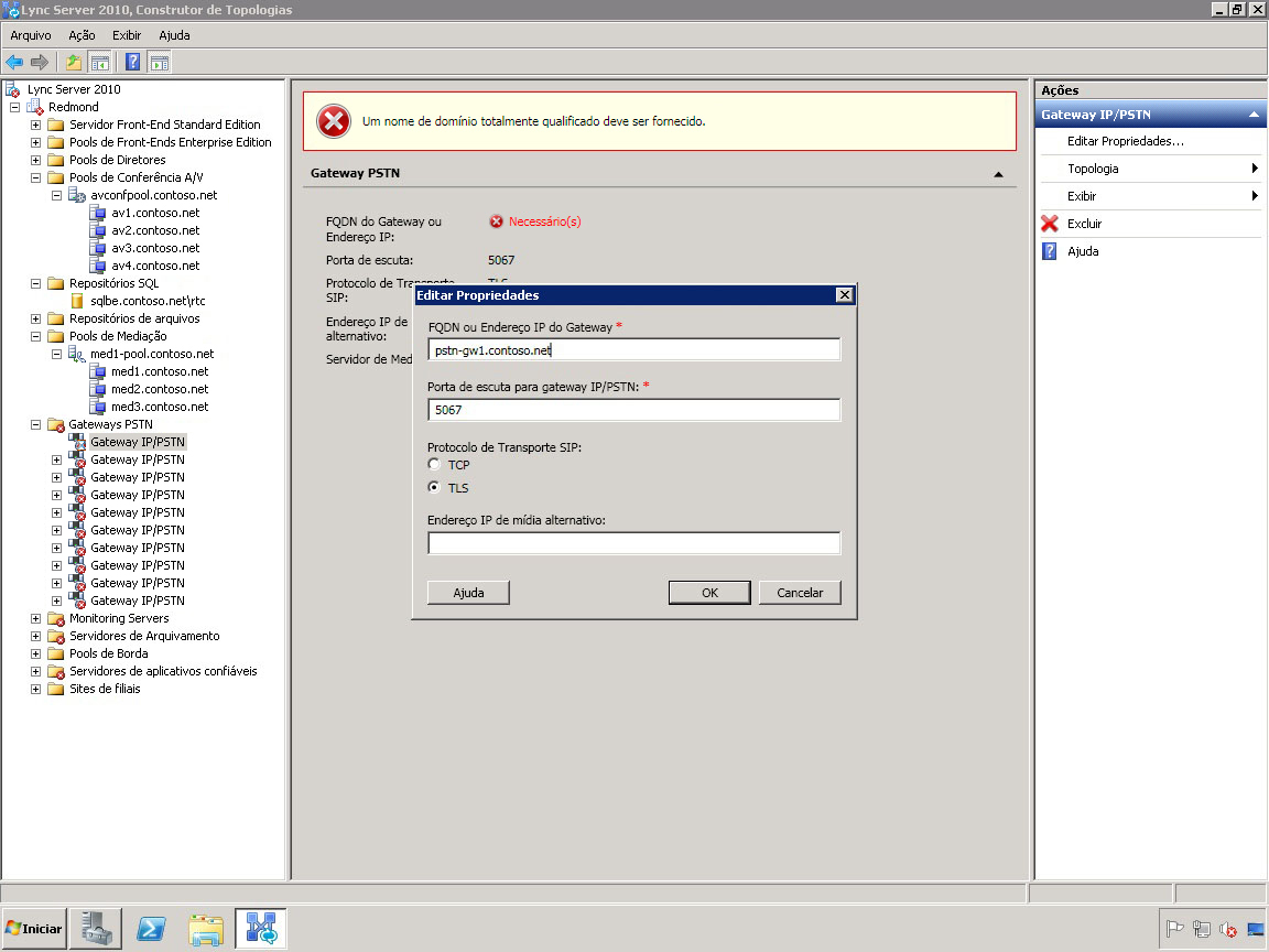 Gateways PSTN do Construtor de Topologia