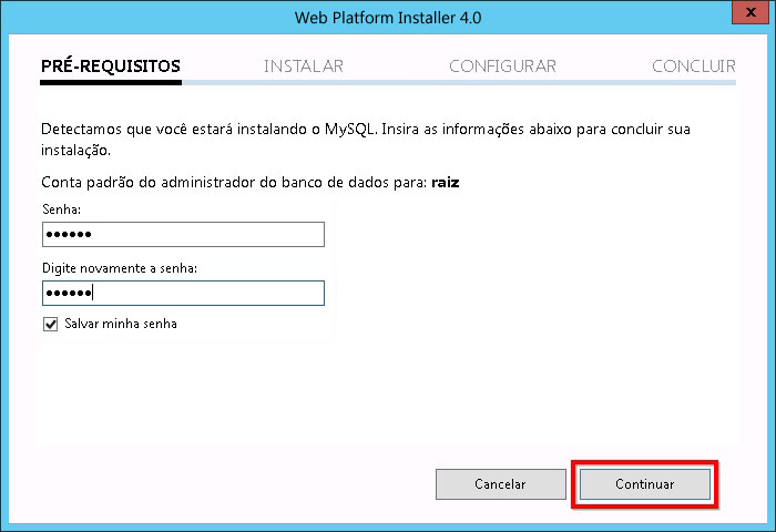 Instalação do My SQL Server do gerenciamento de serviços