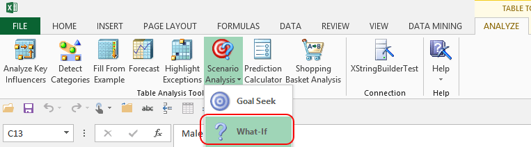 Botão Cenário do What If nas ferramentas de Análise de Tabela