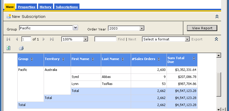 The Group parameter specified in rendered report.