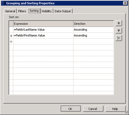 Sorting tab, Grouping and Sorting Properties page