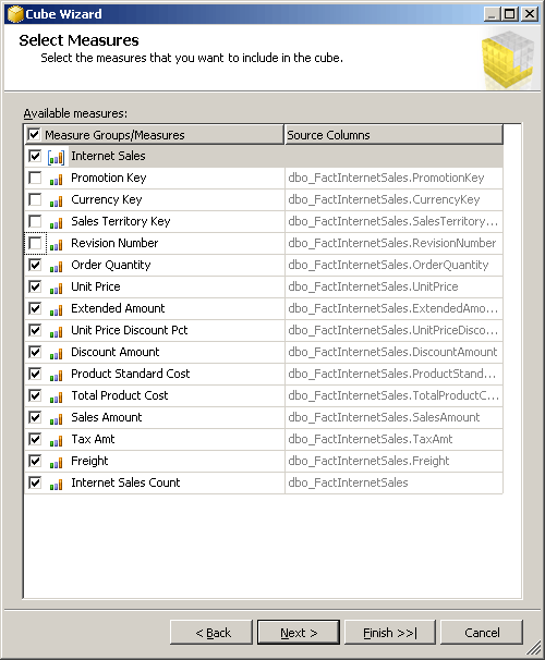 Cube Wizard: Select Measures